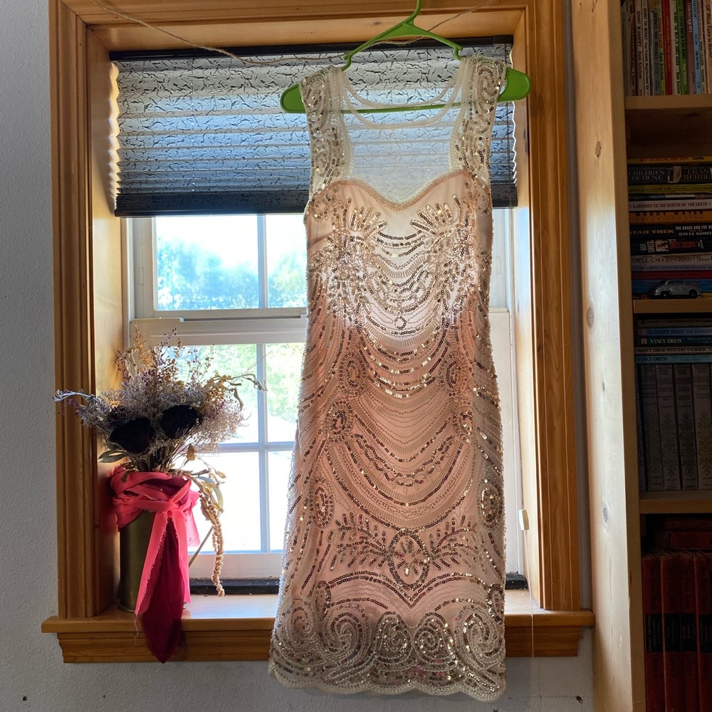 1920s style beaded deco illusion short flapper dress from Unique Vintage!